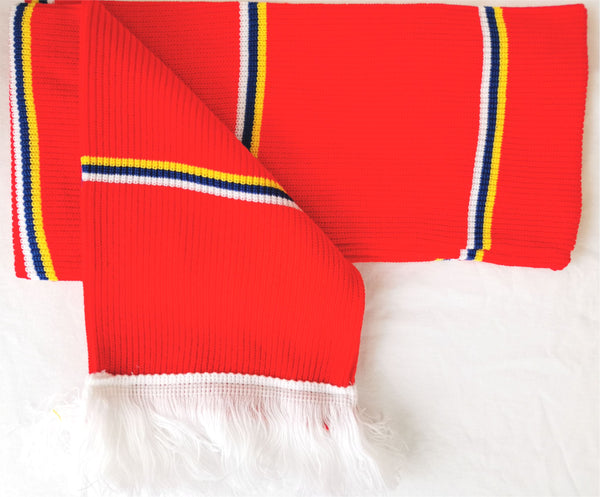 Classic Bar Scarf in Red With Blue, White & Yellow Pinstripe Colours.