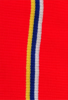 Classic Bar Scarf in Red With Blue, White & Yellow Pinstripe Colours.