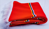Classic Bar Scarf in Red With Blue, White & Yellow Pinstripe Colours.