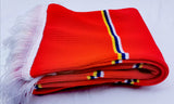 Classic Bar Scarf in Red With Blue, White & Yellow Pinstripe Colours.