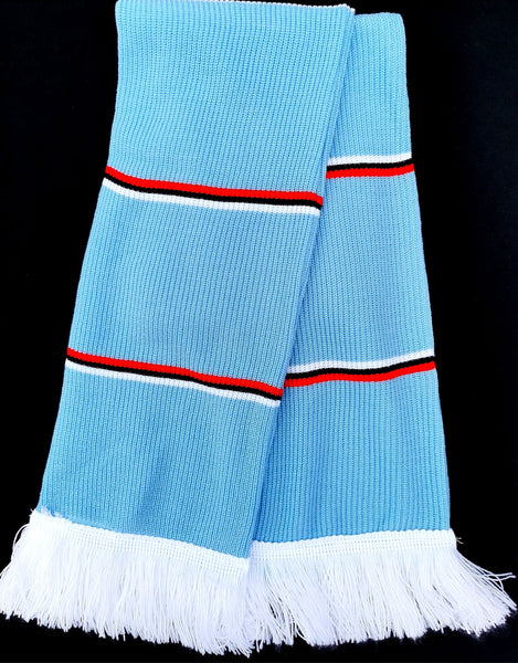 Classic Retro Bar Scarf in Manchester City Colours Sky, White red Black.